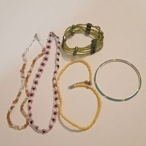 #837.  5 Piece Assorted Color Glass Seed Bead Necklace And Bracelet Bundle